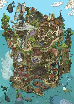 an illustration of a floating island with lots of different things on the top and bottom