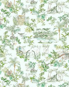 a green and white wallpaper with trees, plants and animals on it's side