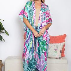 Tropical Print Summer Long Kimono Fabric Content: Polyester One Size Fit Fits Small Through Large Multicolor Floral Print Open Front Outerwear, Multicolor Open Front Outerwear With Floral Print, V-neck Multicolor Outerwear For Spring, Floral Print Open Front Outerwear For Beach, Multicolor Floral Print V-neck Outerwear, Blue Floral Print Outerwear For Vacation, Multicolor V-neck Floral Print Outerwear, Spring Multicolor Beach Outerwear, Multicolor Spring Outerwear For The Beach