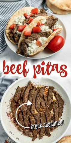 beef pitas with greek seasoning on the side and an open pita bread