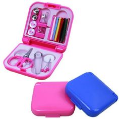 two pink and blue cases with sewing supplies in them on a white background, one is open to show the contents