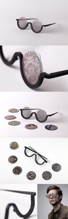 Designed with music in mind, MOOD is a wearable accessory that merges the visible with the audible to enhance the listening experience. 6 different lenses create optical effects in almost endless variation. One, the Moiré-effect, is a visual perception that occurs when viewing a set of lines or dots that is superimposed on another set of lines or dots, where the sets differ in relative size, angle, or spacing. Others can be created by adding, removing or recombining the lenses to create ... Cool Glasses, Visual Perception, نظارات شمسية, Cat Eyes, Cameras And Accessories, Eyewear Design, Color Correction, Eye Glasses, Spectacles