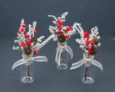 three clear vases with red berries and pine cones in them are decorated with ribbon