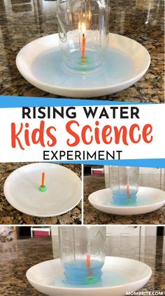 the science experiment for kids using water and an orange candle in a glass vase on a plate