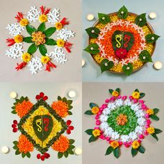 four different types of rangolite with flowers and leaves on the sides, each decorated with an omsagram