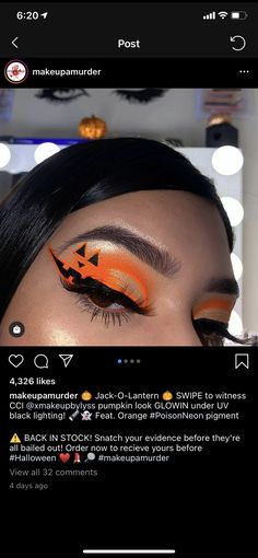 Pretty Pumpkin Face Makeup, Pumpkin Halloween Makeup Kids, Halloween Theme Eyeshadow, Halloween Themed Eye Makeup, Black And Orange Halloween Makeup, Makeup Looks Autumn, Halloween Eye Shadow Look, Halloween Makeup Eye Looks