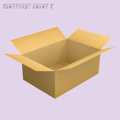 an open cardboard box sitting on top of a purple background with the words spelling level i