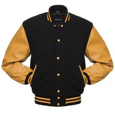 Crest Golden Leather Varsity Jacket Custom Varsity Jackets, Leather Varsity Jackets, Varsity Letterman Jackets, College Jackets, Letterman Jackets, Baseball Varsity Jacket, Leather Sleeves, Letterman Jacket, Leather Sleeve