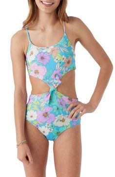 Let your kiddo splash and play in this lively printed one-piece styled with a knotted front and airy waistline cutouts. Removable soft cups Full back coverage Lined 82% recycled nylon, 18% elastane Hand wash, dry flat Imported Floral Print Swimwear For Spring Playwear, Playful One-piece Swimwear For Spring, Casual Cutout Swimwear For Poolside, Soft Cup, One Piece Swimsuit, Size 16, Knot, Hand Wash, Nordstrom