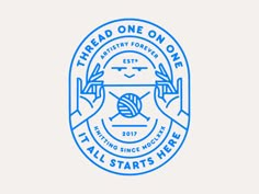 the logo for thread one on one knitting and crafting event, featuring hands holding yarn ball