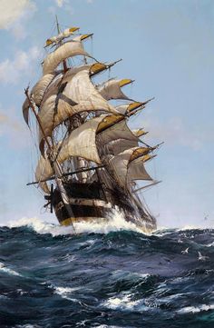 an oil painting of a sailing ship in rough seas