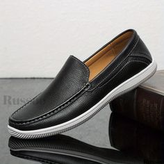 Russoo - Stylish Mens Faux Leather Loafer Shoes: Lightweight, Non-Slip Casual Footwear for Spring and Summer Seasons Casual Black Slip-ons With Leather Sole, Black Casual Slip-ons With Leather Sole, Casual Black Flat Leather Shoes, Casual Black Leather Business Shoes, Casual Black Boat Shoes With Leather Sole, Black Slip-on Casual Loafers, Casual Black Slip-on Loafers, Black Casual Flat Bottom Loafers, Casual Black Flat Bottom Loafers