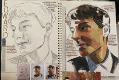 an open book with drawings of men's faces and words on the pages,