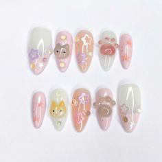 Greetings and welcome to my store. Hope you find a style you like . 𝐌𝐚𝐭𝐞𝐫𝐢𝐚𝐥: I only work with high quality materials to create sturdy & long-lasting luxury press on nails that you can trust on. My nails will last for: 1- 2 days using adhesive tab (provided with the nail set) 2- 3 weeks using nail glue. You can reuse all of the nails multiple times if you take care of them. 𝐒𝐢𝐳𝐞: XS : 14mm, 11mm, 12mm, 10mm, 8mm S: 15mm, 12mm, 13mm, 11mm, 8mm M: 16mm, 12mm, 13mm, 11mm, 9mm L: 18mm, 1 Cat Press On Nails, Dog Design Nails, Cute Character Nail Art, Pastel Cat Eye Nails, Cinnamon Roll Sanrio Nails, Cat Themed Nails, Simple Press On Nail Designs, Soft Nail Designs, K Pop Idol Nails