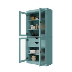 an open cabinet with two doors and shelves