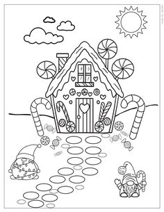 a house with candy and candies in the yard coloring page for kids to color