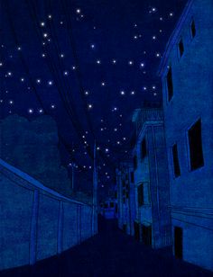 an alley way at night with stars in the sky over buildings and street lights above