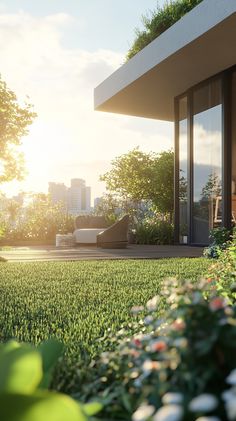 the sun is shining on some grass in front of a modern house with large windows