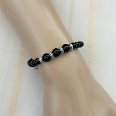 Great Shopping Black Onyx and Silver Beaded Bracelet, Jewelry & Watches Casual Black Beaded Bracelet, Casual Silver Stretch Bracelet With Black Beads, Adjustable Wrap Bracelet With Black Round Beads, Adjustable Wrap Bracelet With Black Beads, Metal Beaded Bracelets For Jewelry Making, Adjustable Black Beads Wrap Bracelet, Adjustable Black Beaded Bracelets, Casual Polished Beaded Bracelets As Gifts, Casual Beaded Bangle Jewelry