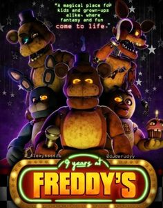 a movie poster with five cartoon characters in front of a neon sign that says, new year's specials