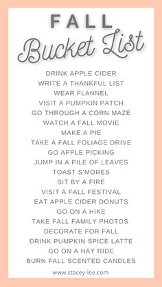 the fall bucket list with text overlaying it in grey and pink colors on an orange background