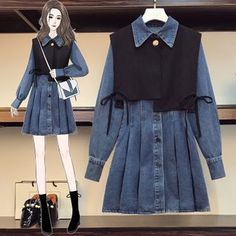 Dress With Vest, Plain Vest, Vest Denim, Fashion Sketches Dresses, Denim Dresses, Korean Casual, Set Style, Denim Shirt Dress, Loose Outfit