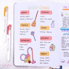 an open planner with the words weekly cleaning on it