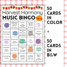 a printable harvest harmony music bingo game with the words, 50 cards in color