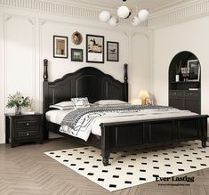 a bed room with a neatly made bed and two nightstands on either side of the bed