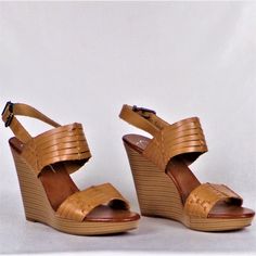 These Lovely Cognac Ultra-High Wedge-Heel Low-Platform Slingback Sandals By Jessica Simpson, Size 7.5m, Model Name Js-Jayleesa, Are Pre-Owned, But Apparently Unworn. The Insoles Have Some Slight Mottling In A Slightly Darker Shade Of Cognac (Picture #13), But I Believe This To Be A Characteristic Of The Material, Not Actual Discoloration. The Shoes Are Otherwise In Near-Perfect Just-Out-Of-The-Store Condition, Free Of Defects Or Damage, With No Signs Of Wear. The Wide Instep And Toe Straps Consi Brown Wedge Sandals With Stacked Heel For Summer, Brown High Heel Wedge Sandals For Spring, Casual Wedge Sandals With 4-inch Heel For Spring, Adjustable Stacked Heel Wedge Sandals, Adjustable Wedge Sandals With Stacked Heel, Spring Wedge Sandals With 4-inch Heel And Medium Width, Spring Medium Width Wedge Sandals With 4-inch Heel, Brown Wedge Heel Spring Heels, Brown Wedge Heel Heels For Spring