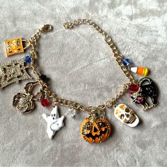 This Is A Fashion Jewelry Halloween Charm Bracelet Enamel And Bling Charms Gold Tone 7.5 Inches Plus A 2 Inch Extender Please Contact Me With Any Questions Orange Novelty Halloween Jewelry, Charm Necklace Diy, Halloween Charm Bracelet, Stuff To Sell, Jewelry Halloween, Fancy Nancy, Halloween Charms, Necklace Diy, Halloween Jewelry