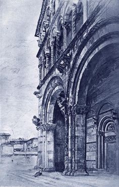 a drawing of an old building with columns and arches