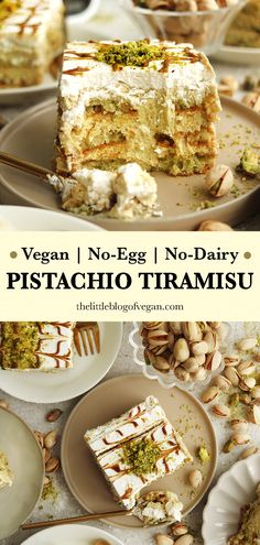 vegan no - egg, no - dairy pistachio tramius cake with almonds on the side