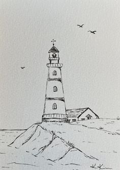 an ink drawing of a lighthouse on top of a hill with birds flying over it