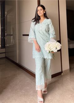 Chicken Coord Sets For Women, Sky Blue Kurti Design, Chicken Kurti Designs Latest, Blue Kurti Design, Blue Pakistani Suit, Sky Blue Kurti, Blue Dress Design, Hakoba Dress, Kamiz Design