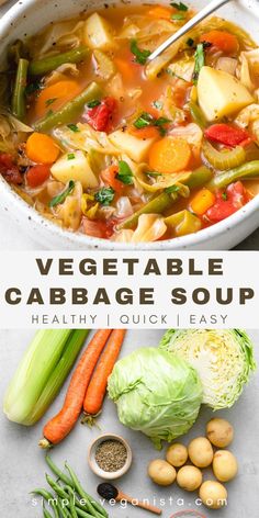 vegetable cabbage soup in a white bowl with carrots, celery and green beans