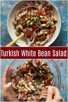 two pictures with different types of food in them and the words turkish white bean salad