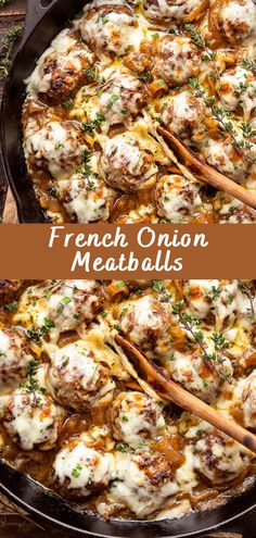 french onion meatballs in a skillet with wooden spoons