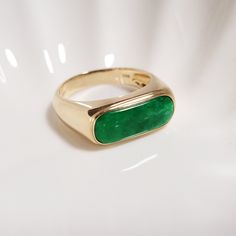 Jadeite Jade  ring in 14k yellow gold, tapered shank.  DETAILS:  - 14k yellow gold - SKU: EK40306 STORE:  https://www.etsy.com/ca/shop/EKFineJewellery SHIPPING:  All shipping comes with tracking and signature requirements upon arrival. Mens Jade Ring, Formal Green 14k Gold Dome Ring, Green 14k Gold Signet Ring Fine Jewelry, Classic Green Dome Ring In 14k Gold, 14k Gold Green Gemstone Dome Ring, Green Rectangular Signet Ring For Formal Occasions, Classic Green 14k Gold Dome Ring, Classic Green Oval Cabochon Signet Ring, Green Classic Signet Ring For Anniversary