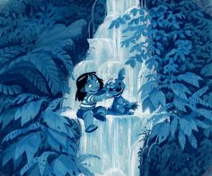 an animation scene with the character lila and her baby in front of a waterfall