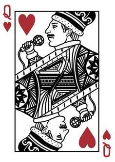 an ace playing card with the queen holding a microphone in one hand and two hearts on the other