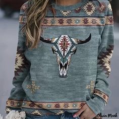 Olivia Mark - Cow Head Print Crew Neck T-Shirt, Casual Long Sleeve T-Shirt For Spring & Fall, Women's Clothing Aztec Shirt, Aztec Fashion, Feel Happy, Women Hoodies Sweatshirts, Basic Tops, Printed Sweater, Teen Girls, Pullover Sweatshirts, Western Wear