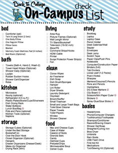 a list for college students with the words on campus list in blue and white stripes