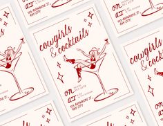 six red and white cocktail cards with the words courgirl's cocktails on them