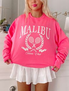 Malibu Tennis Club Pink Crewneck | Sassy Shortcake Boutique | sassyshortcake.com Pink Athleisure Sweatshirt For Leisure, Spring Tennis Crew Neck Top, Spring Tennis Tops With Crew Neck, Pink Casual Sweatshirt For Leisure, Spring Crew Neck Tennis Tops, Sporty Long Sleeve Sweatshirt For Tennis, Pink Crew Neck Sweatshirt For Leisure, Sporty Long Sleeve Tennis Sweatshirt, Pink College Sweatshirt With Letter Print