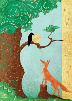 a painting of a fox and a bird on a tree