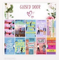 there are many different books on the wall with pink flowers in front of them and one is closed door