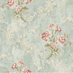 a blue floral wallpaper with pink and white flowers on the top, in an ornate pattern