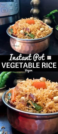 two metal bowls filled with vegetables and rice