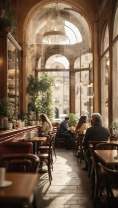 people are sitting at tables in an old building